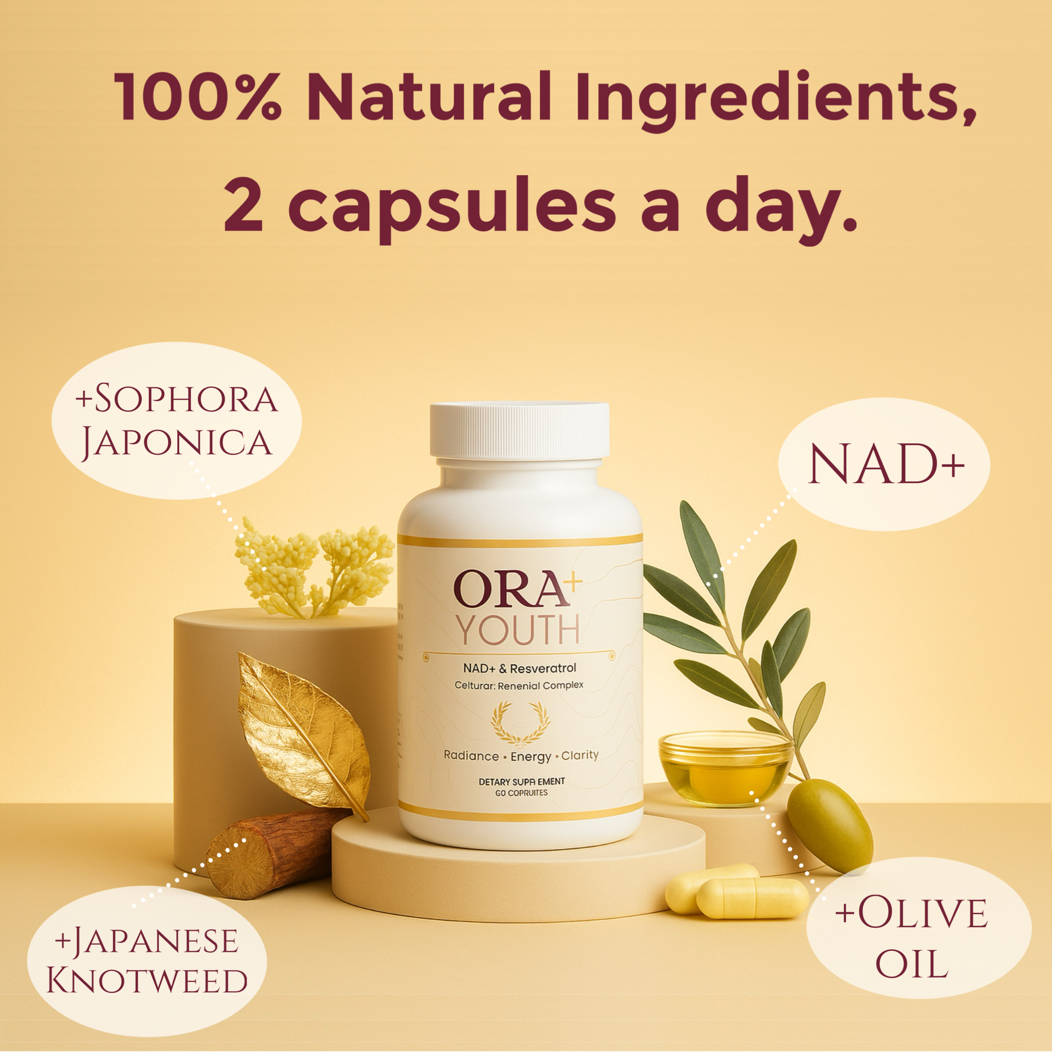 ORA+ YOUTH NAD+ & Resveratrol Capsules | Cellular Renewal Complex for Energy, Focus & Youthful Glow